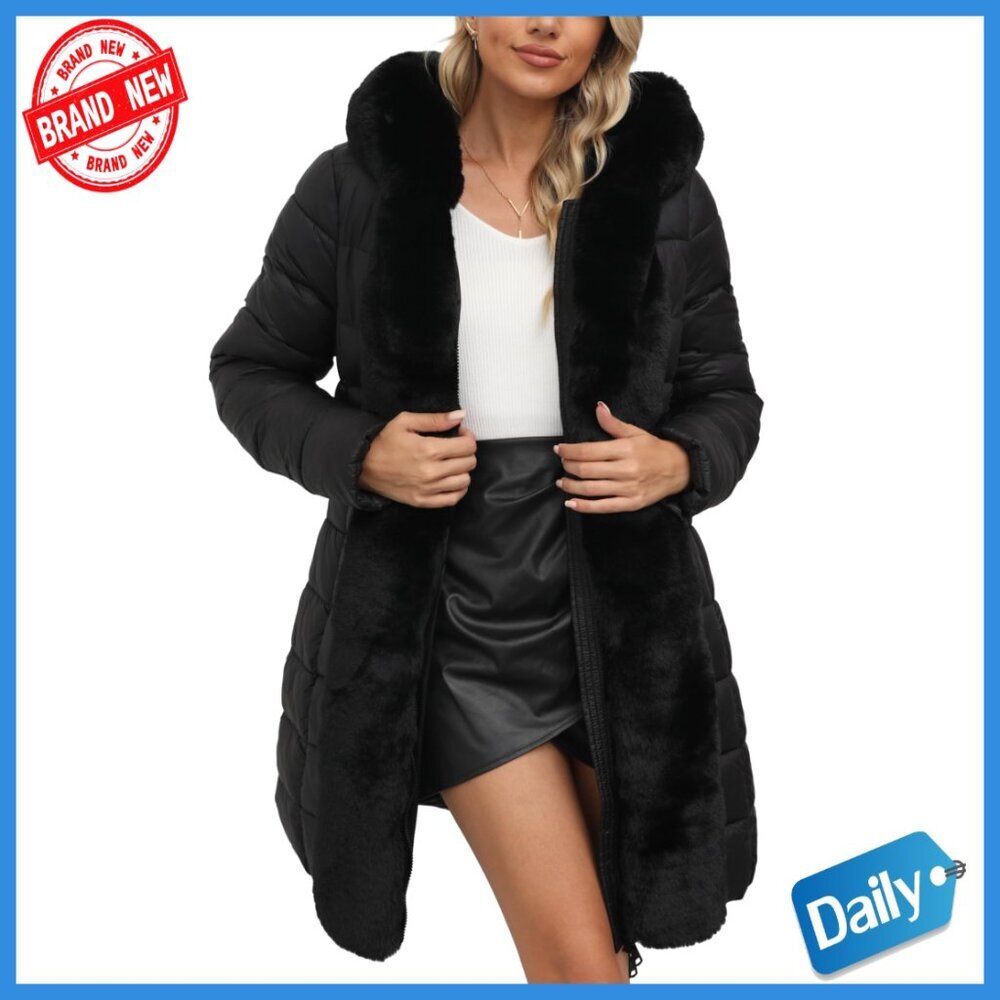 Women's Faux Leather Puffer Jacket with Fur Hood and Belt, Water-Resistant